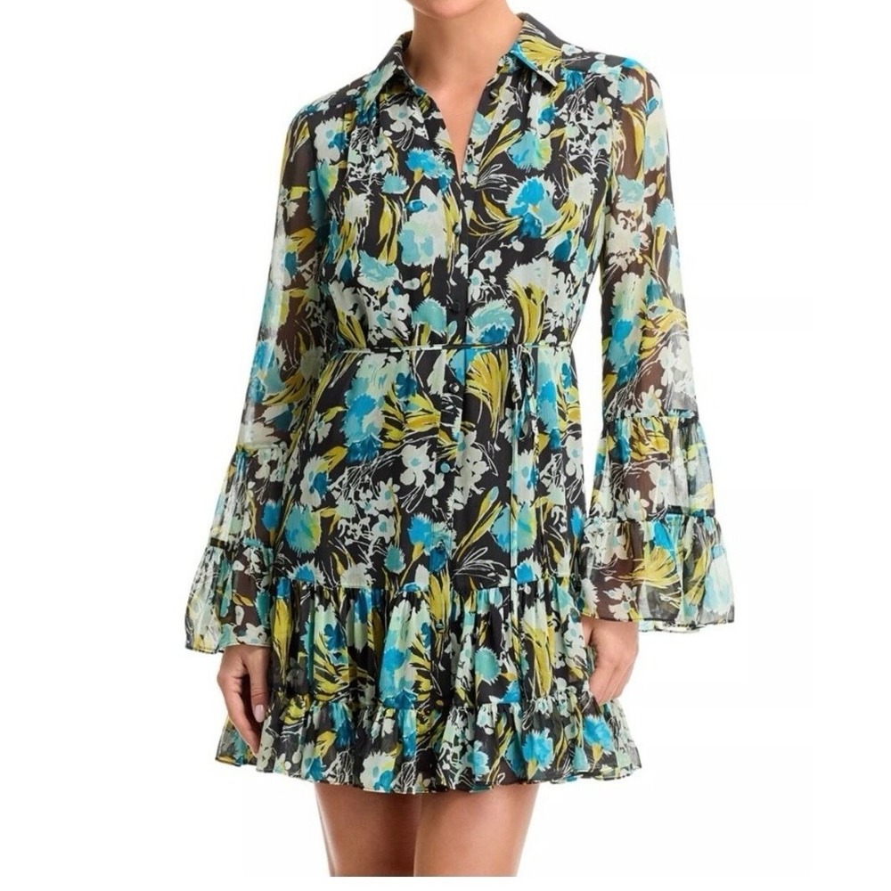 Cinq À Sept Lyra Obsidian Tossed Floral Mini Dress Ruffle Tiered Size 8